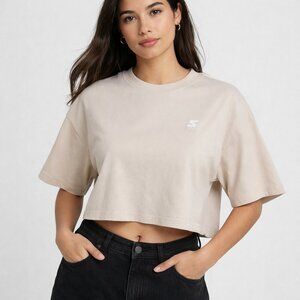 *NWT* Starter Cropped Tee – Sand Beige Boxy Fit | Logo Chest | Size Large
